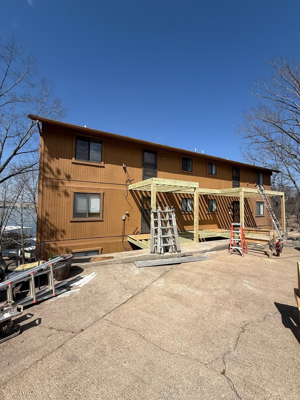 Multi-level deck rebuild in progress on a Lake of the Ozarks building by Ireland Construction